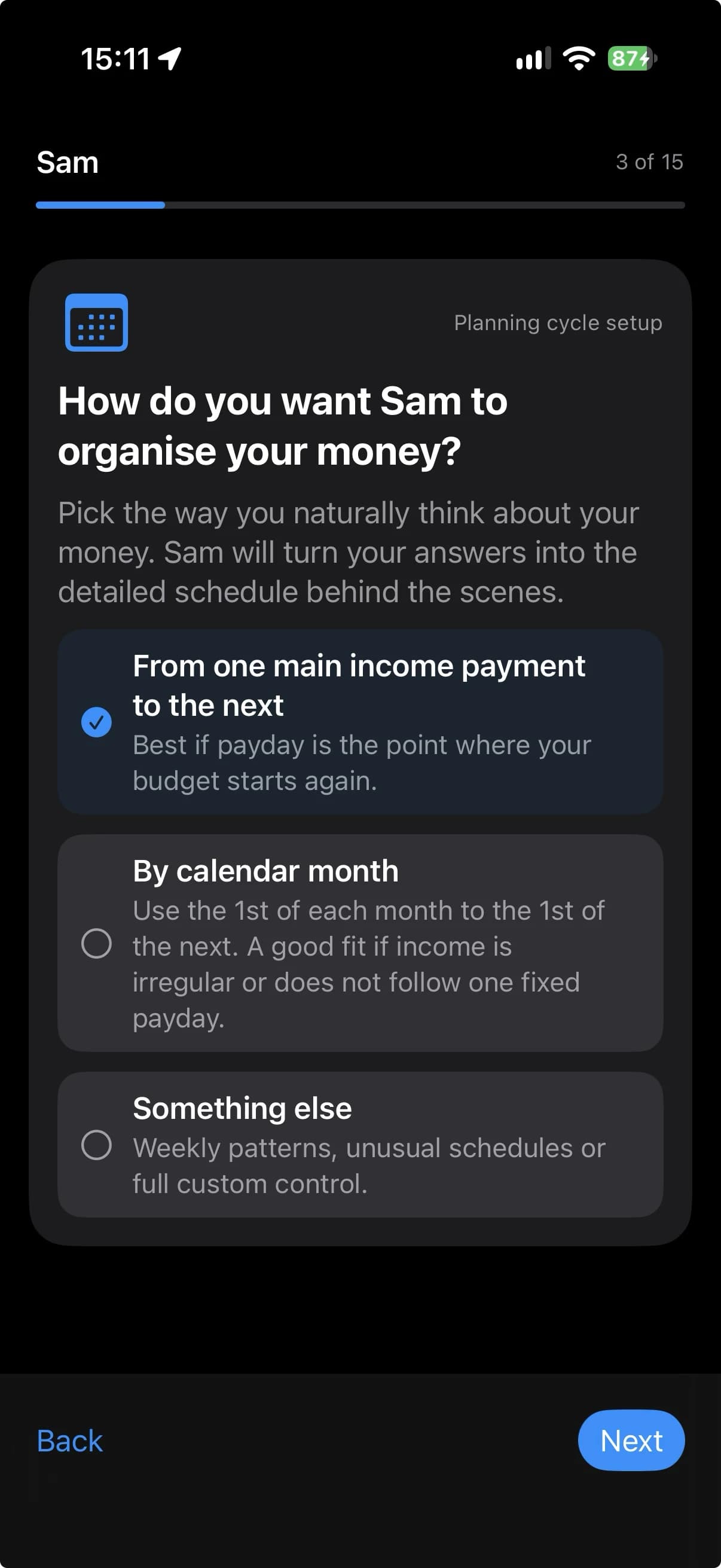 Choosing how Sam organises a planning cycle