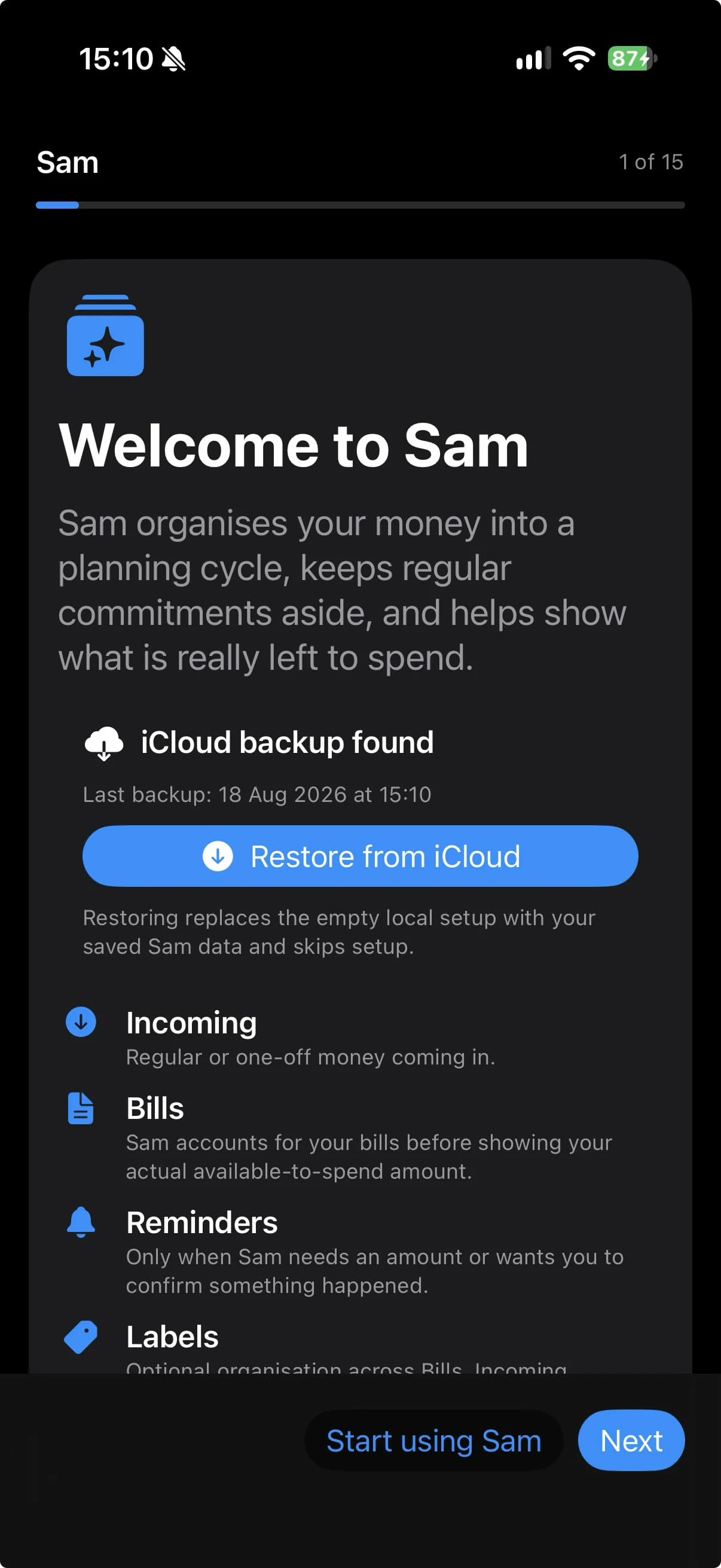 Welcome to Sam onboarding screen