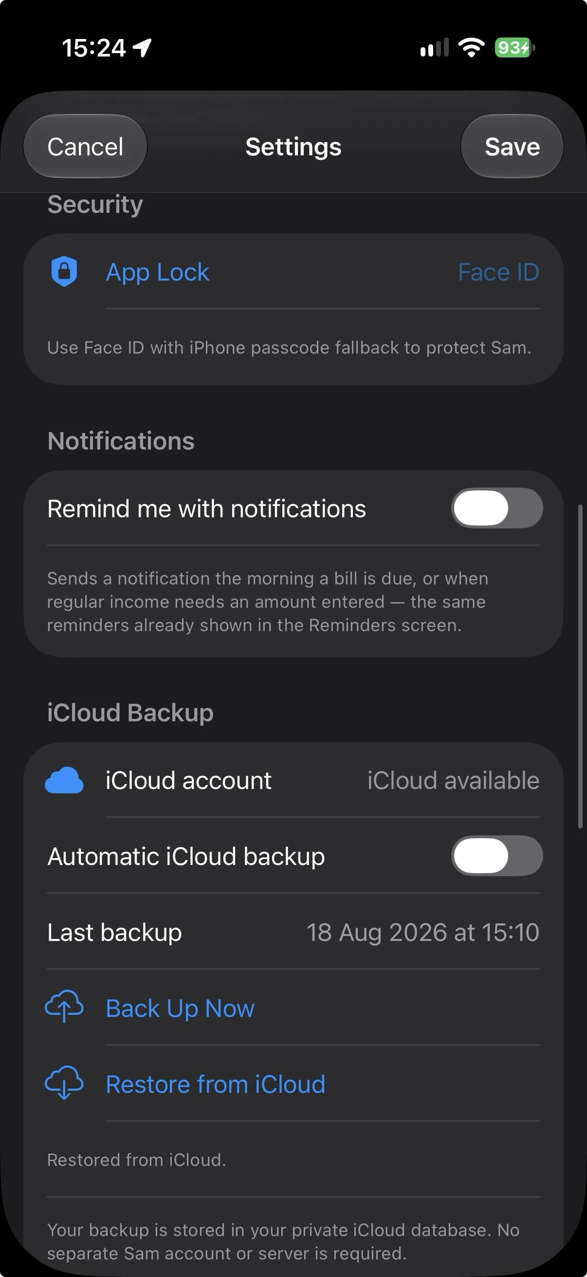 Sam privacy and security settings